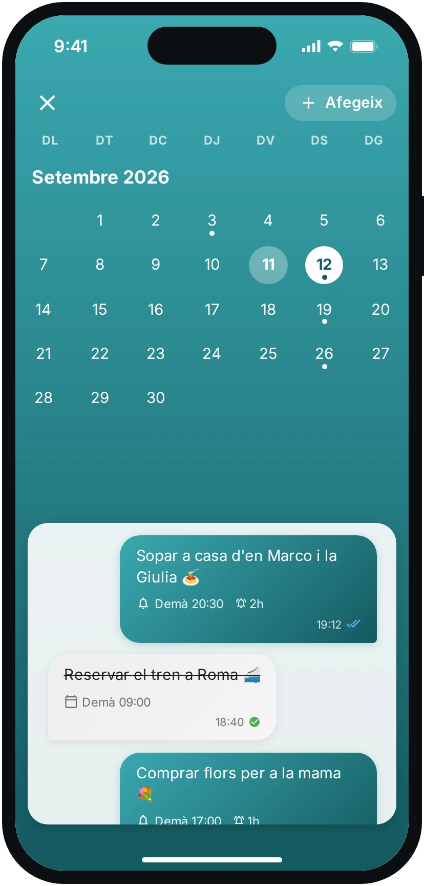 El calendari compartit de Tuijo amb els recordatoris del dia seleccionat.