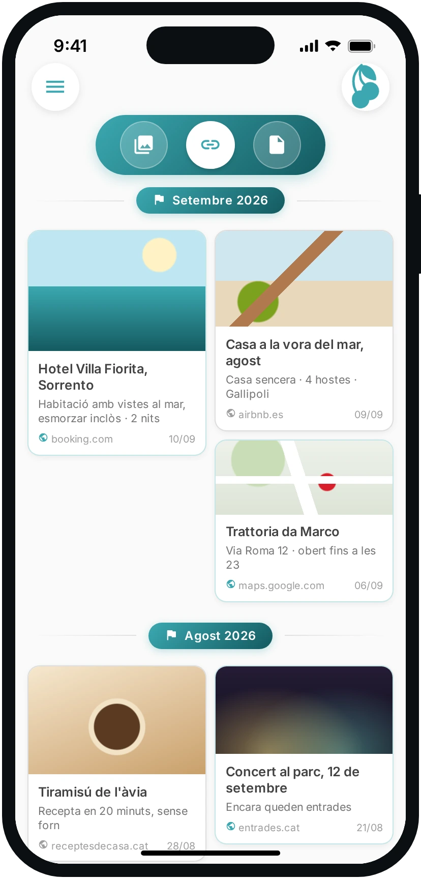 La pestanya dels enllaços desats al xat, amb títol i domini.