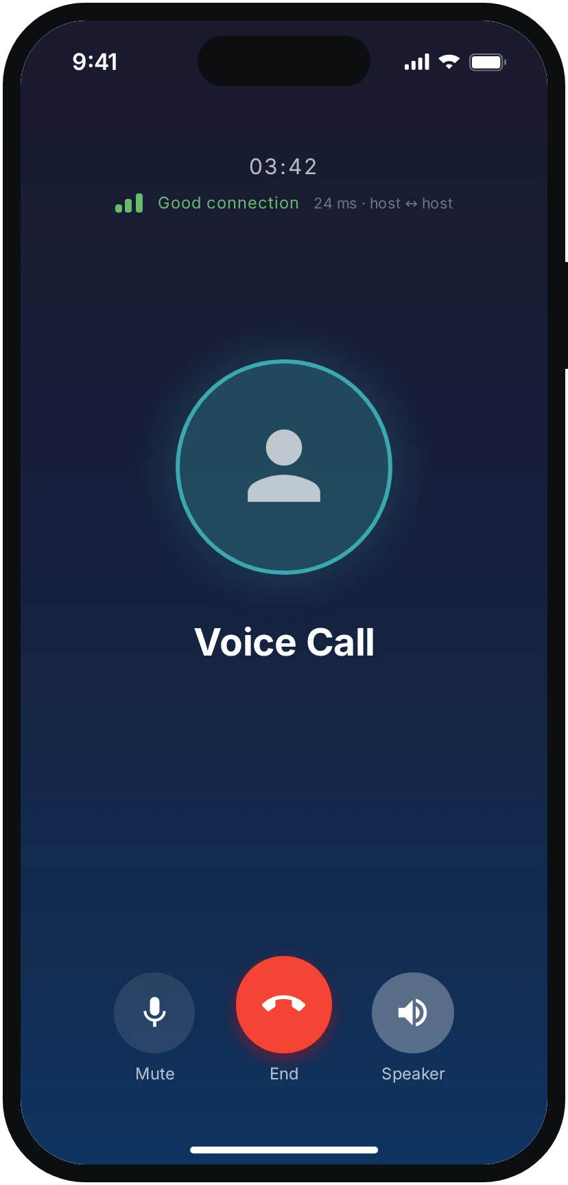 The Tuijo voice call screen with duration and connection quality.