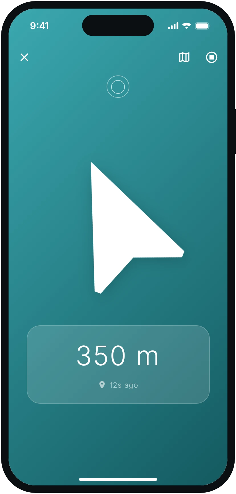 Location sharing in Tuijo: an arrow pointing the way and the distance, 350 metres.