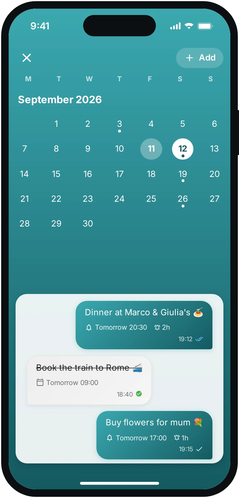 The Tuijo shared calendar with the reminders of the selected day.