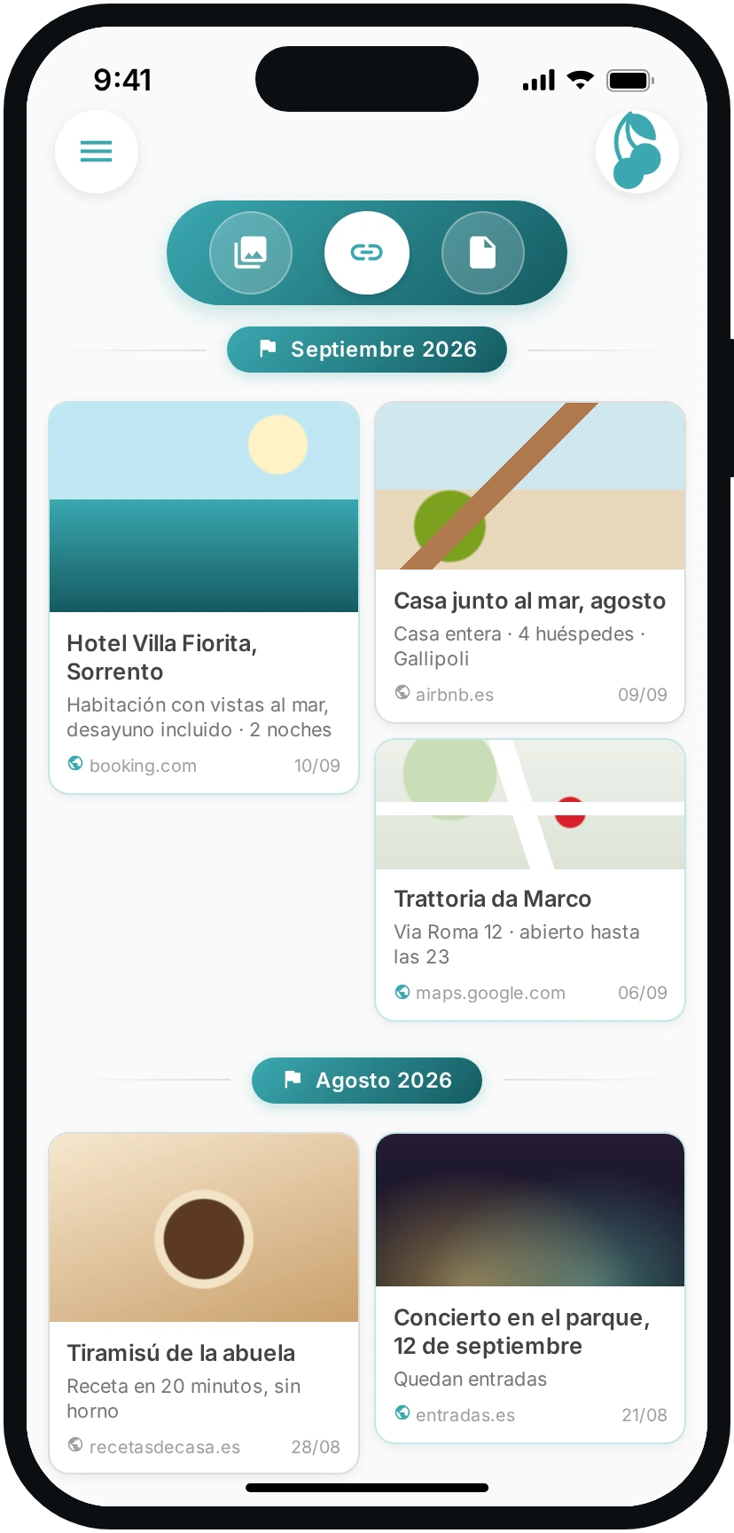 La pestaña de los enlaces guardados en el chat, con título y dominio.