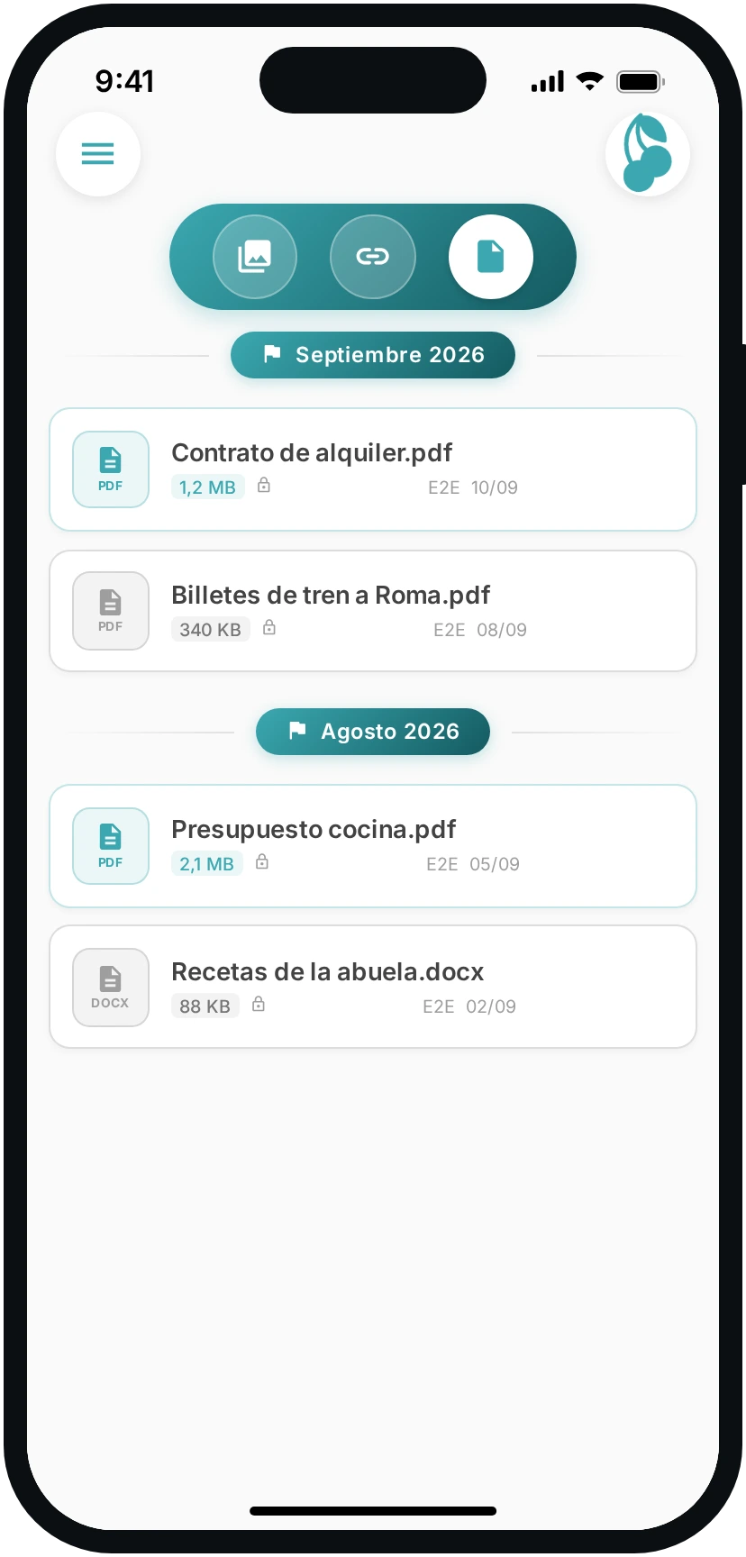 La pestaña de los documentos compartidos, con peso y fecha.