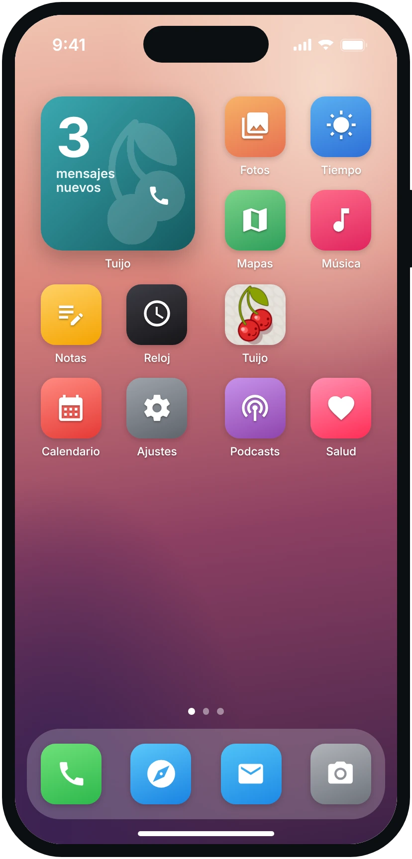 El widget de Tuijo con 3 mensajes nuevos.