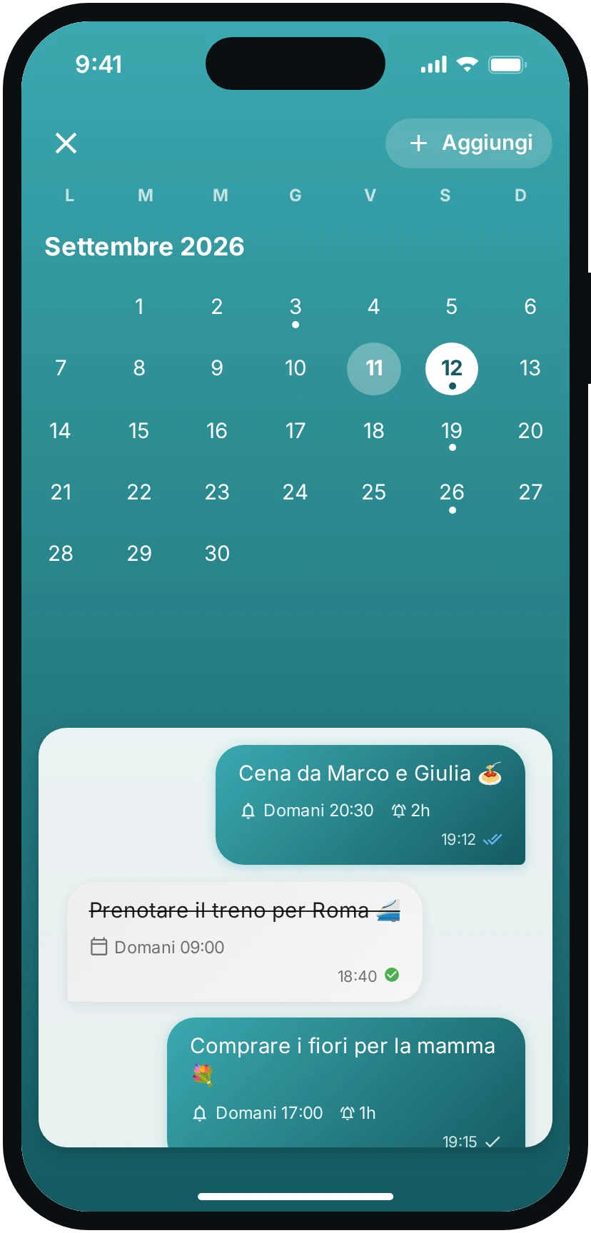 Il calendario condiviso di Tuijo con i promemoria del giorno selezionato.