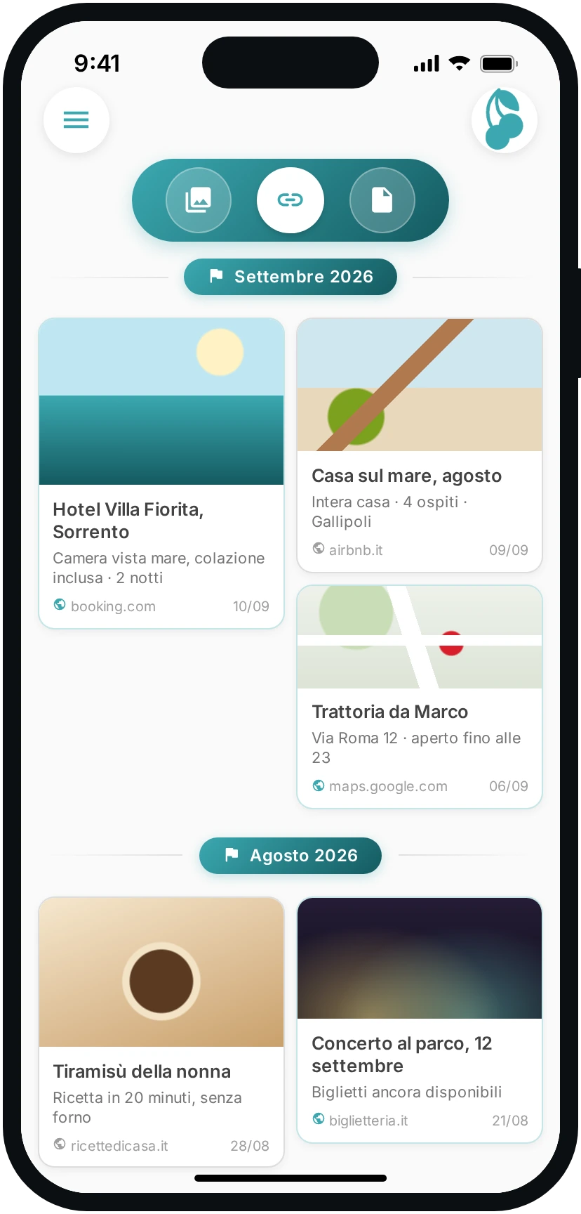 La scheda dei link salvati nella chat, con titolo e dominio.