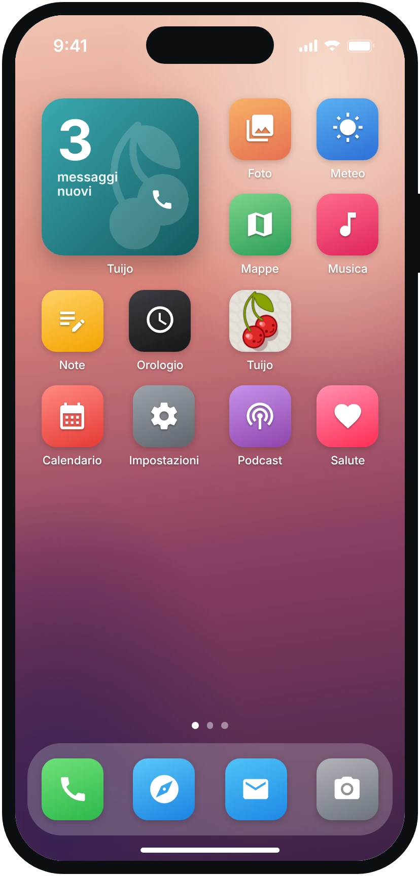 Il widget di Tuijo con 3 messaggi nuovi.